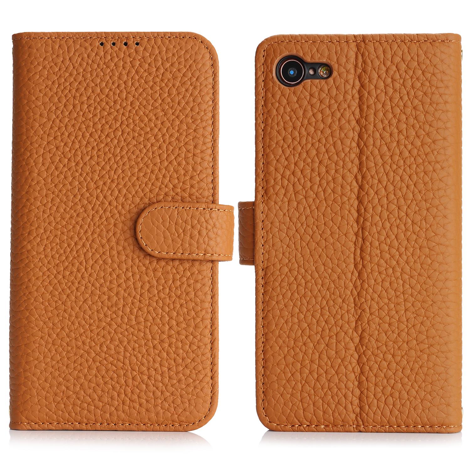 

For iPhone SE (2022)/(2020)/8/7 Stand Case Litchi Texture Genuine Cow Leather Wallet Phone Cover RFID Blocking Dark Yellow