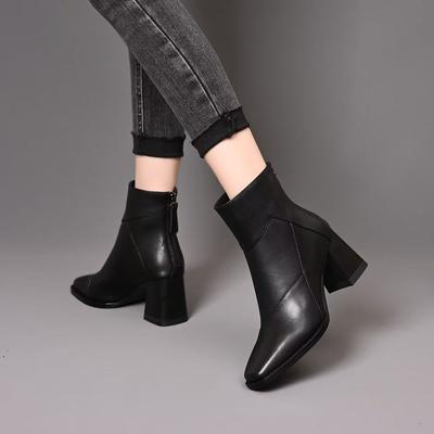 Comfortable Thick Heel Short Boots Autumn and Winter New High Heel Bare Boots Velvet Square Head Black Thin British Martin Boots