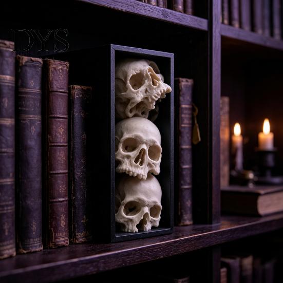 Office Desk Ornament Gothic Style Bookshelf Insert, 3 Tier Stacked Skulls Design, Spooky Home Decor 3D Printed Horror Themed Skeleton Sculpture,