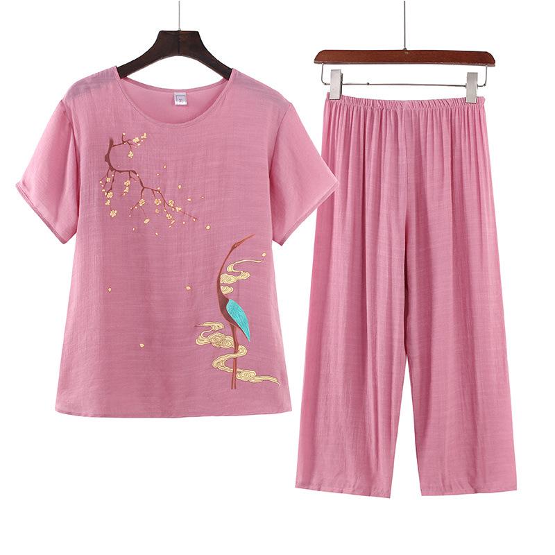 Women's Summer Cotton Linen Short-Sleeved Two-Piece Set: Grandma Mom Pajama Top and Pants.