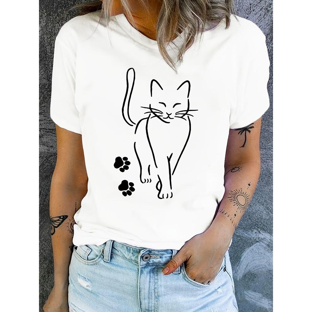 Cute Cat & Paw Print T-shirt Women's Harajuku Short Sleeve Casual
