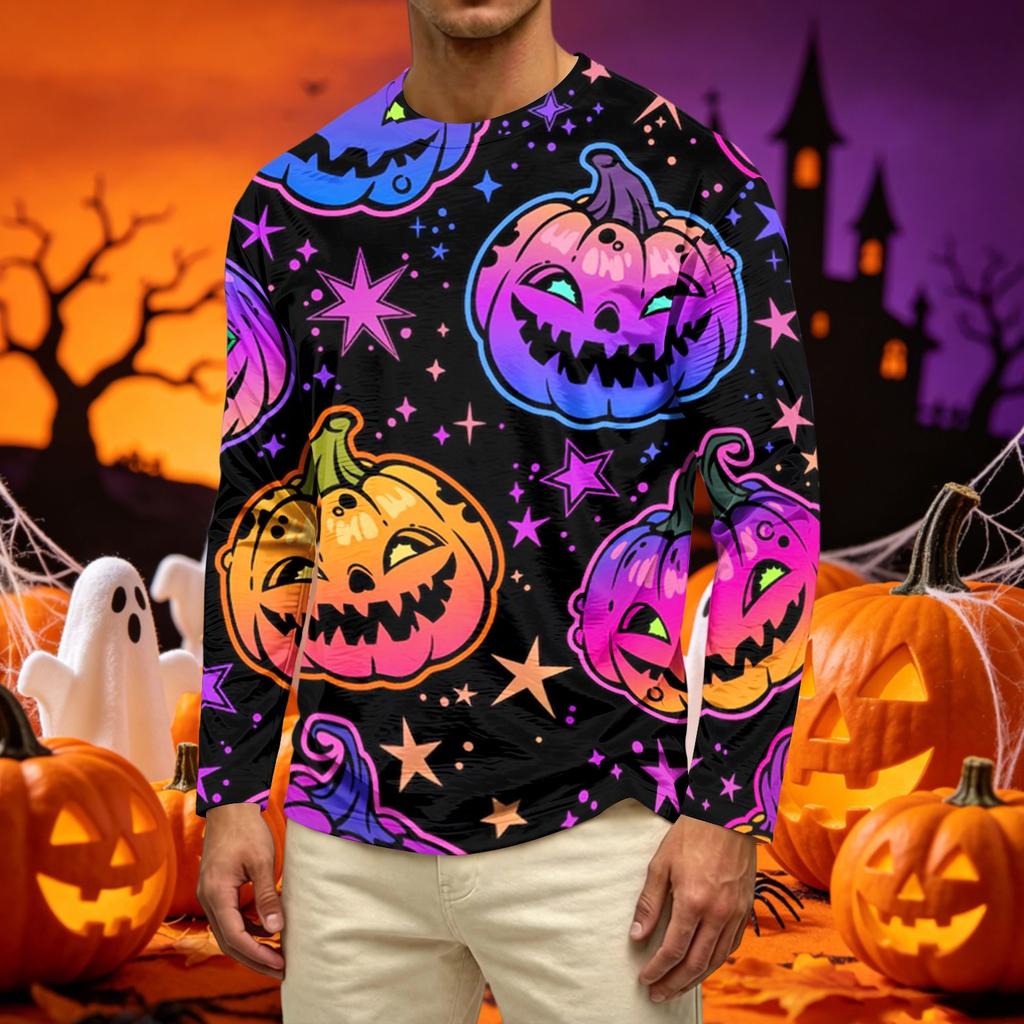 Men's Long Sleeve Casual T-Shirt Crew Neck Printed Halloween Pumpkin Pattern Top Comfortable Fit Lightweight Fabric