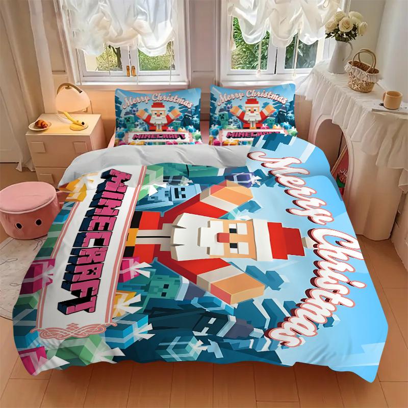 Minecraft Christmas Greetings Printed 3pcs Bedding Set Soft Microfiber 1 Duvet Cover And 2 Pillowcases Home Bedroom Decor Xmas Gift K1363