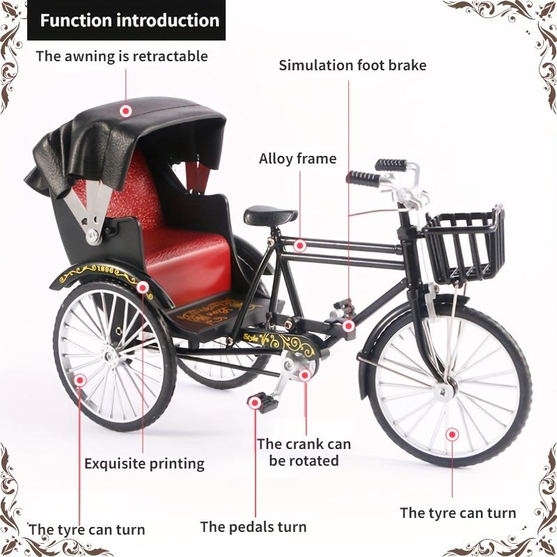 1PCAlloy 1:10 DIY retro tricycle model, old-fashioned nostalgic tricycle ornaments, load and unload black tricycle model