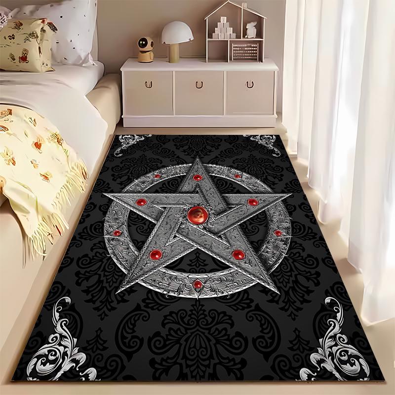 "Black Gothic Pentagram Pattern Carpet with Red Gemstone Design" Suitable for use as an anti-slip for living room bedroom sofas