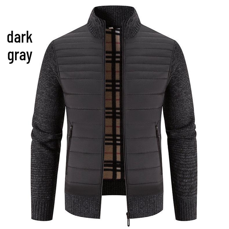 Men's Plus Size Color Block Stand Collar Velvet Cardigan Sweater - Warm, Thickened Knitted Outerwear for Autumn and Winter.