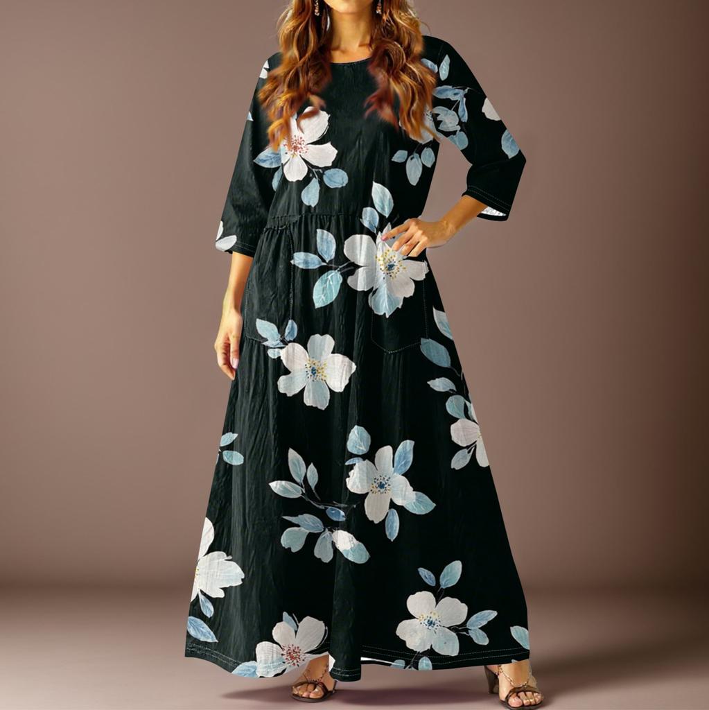 Women's Casual Fashion Vintage Floral Print Three-quarter Sleeve Long Dress With Pockets