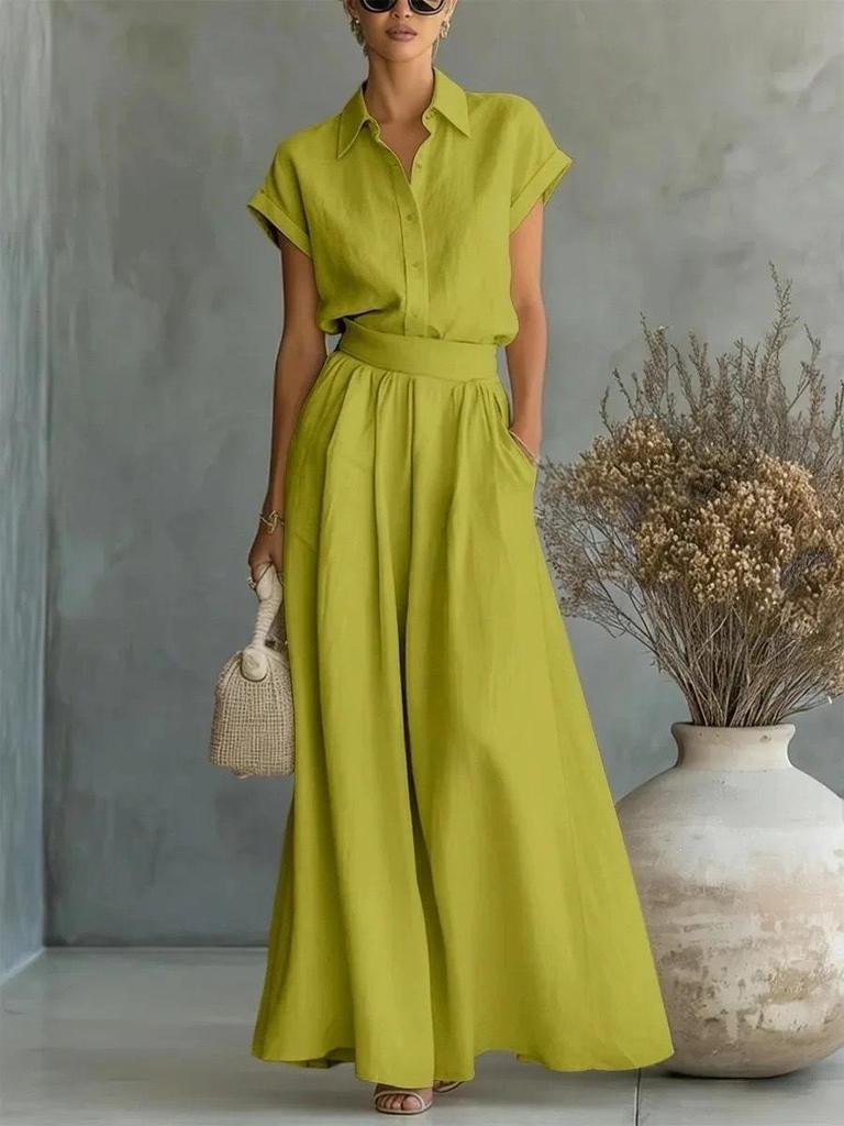 European & American Cotton-Linen Button-Down Shirt + High-Waisted Wide-Leg Pants Set