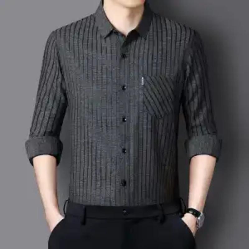 Autumn Men's Mulberry Silk Long-sleeved Shirt Casual Non-iron Breathable Anti-wrinkle Striped Middle-aged Shirt