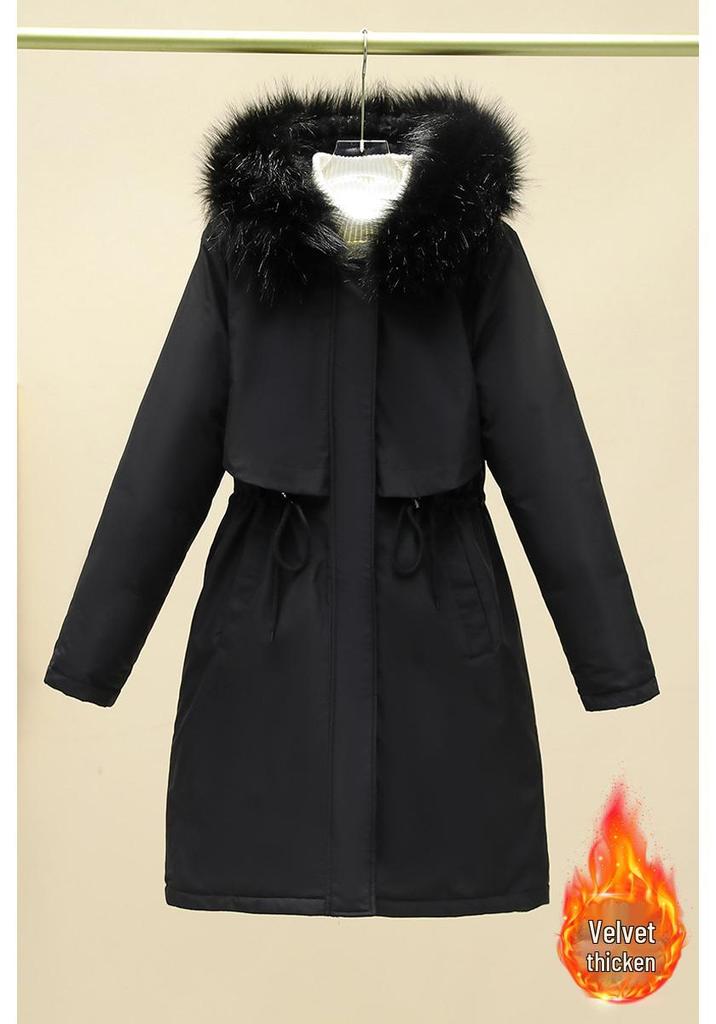 Women's Mid-Length Winter Parka: Thickened Velvet, Korean Style, Loose Fit, Large Fur Collar Cotton Jacket