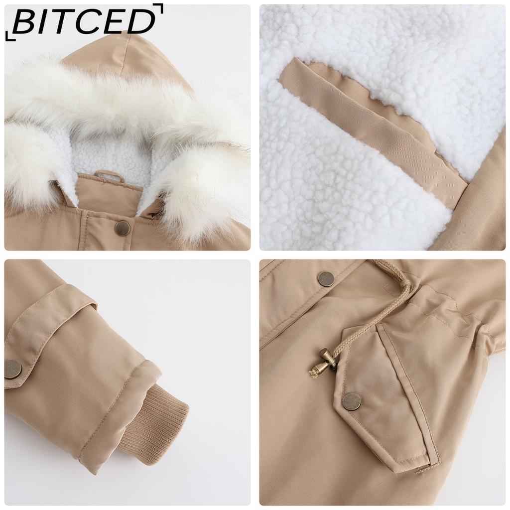 BITCED Autumn/Winter Detachable Fur Collar Women's Parka Long-Sleeved Hooded Cotton Coat Fleece Overcoat