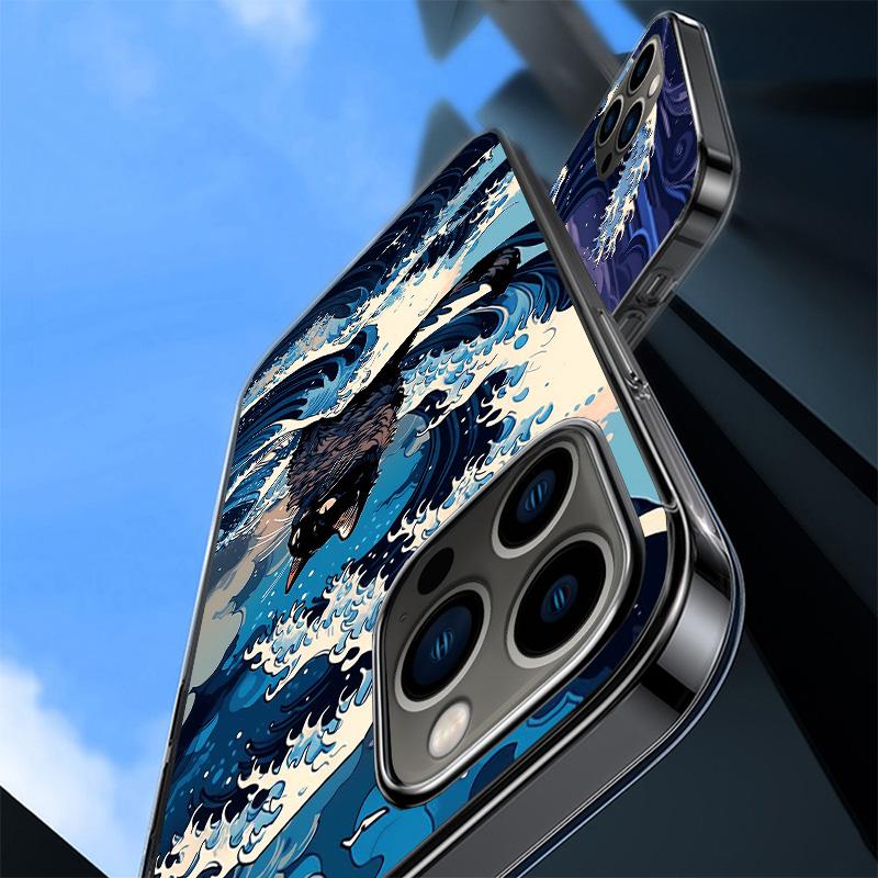 Anime Cat Sea Wave Aesthetic Cover Phone Case For iPhone 16 17 Air 15 14 Pro Max 16E Phone Case 13 Mini 12 11 7 SE 8 Print Patte
