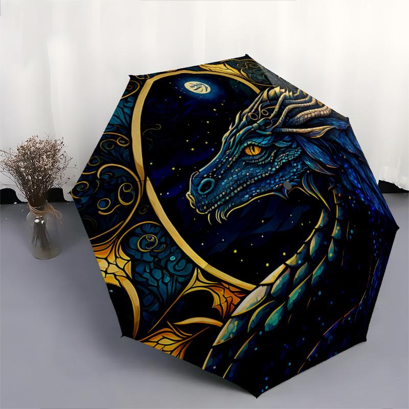 1pc Blue Dragon's Nightly Guardian Automatic Opening and Closing Umbrella, Lightweight 3-Fold, With Cute Cartoon Characters, Suitable for Home, O