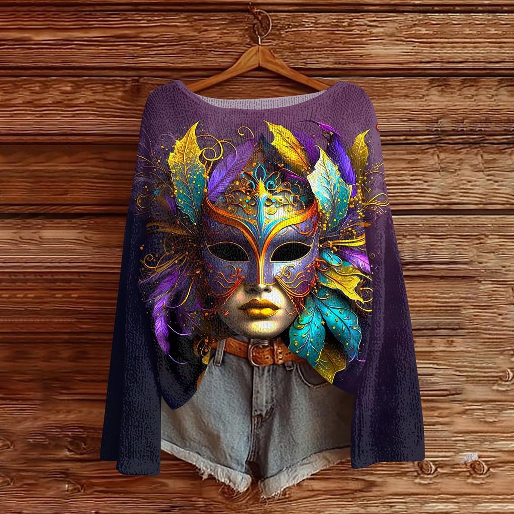 Damenmode Rundhals Langarm Print Lässiger Pullover Sweater Top