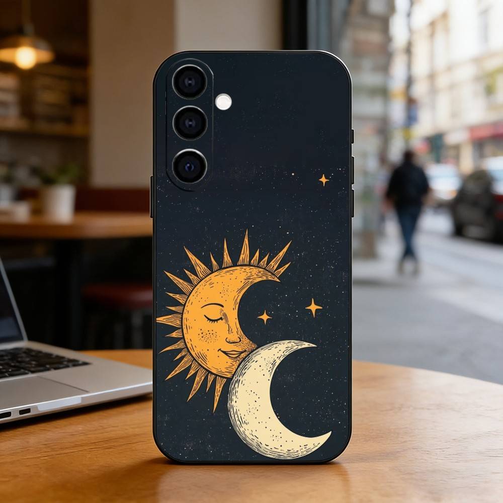 Sun Moon Phone Case For Samsung Galaxy A73,A72,A71,A70,A53,A52,A51,Soft Silicone Black Cover