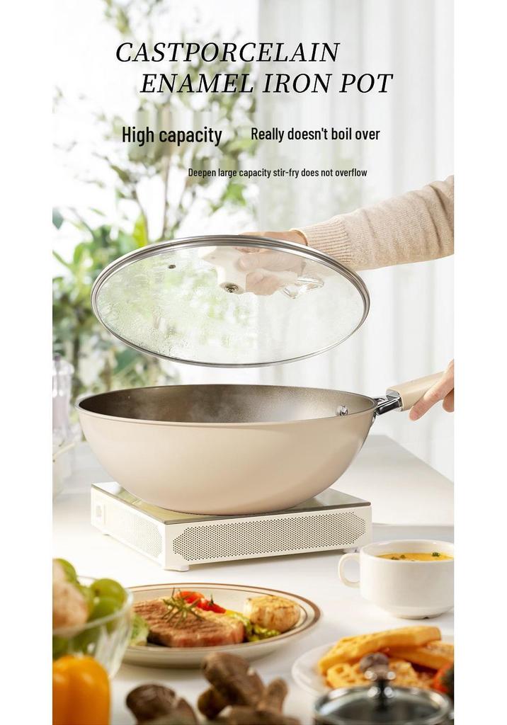 Titanium Ceramic Flat-Bottomed Non-Stick Stir-Fry Pan, Milk White, Wear-Resistant and Scratch-Resistant for Kitchen Use
