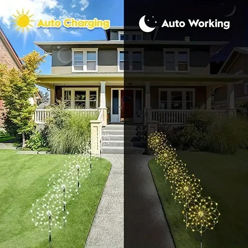 LED Solar Fireworks Lights Outdoor Decorative Multicolor Starburst Waterproof Lamps with 8 Modes for Garden Path Home Lawn