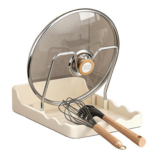 Countertop Pot Lid Holder Pan Lid Storage Rack with Drain Tray Pot Lid Stand with Spoon Rest While Cooking Kitchen