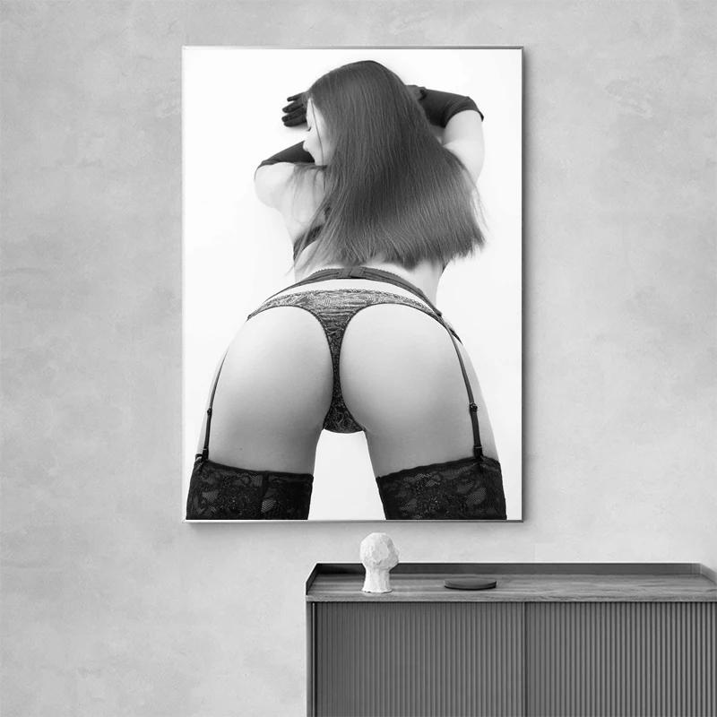 Modern Black and White Sexy Nude Woman Canvas Painting Wall Art Sexy Buttocks Posters and Prints Porch Room Wall Decor Large