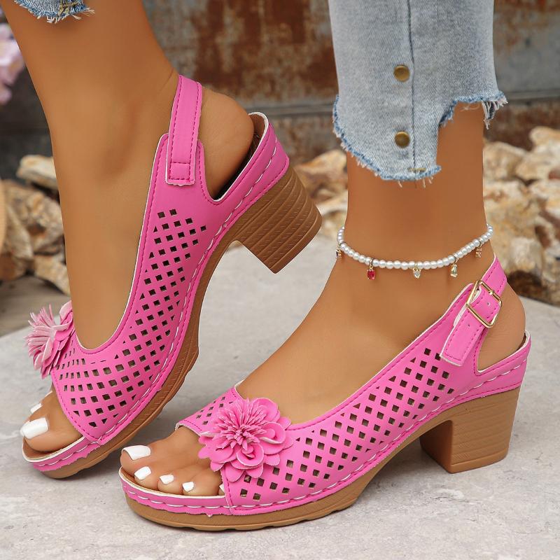 

Модные женские летние сандалии 2025 Классическая ретро обувь-лодочки Удобная обувь на высоком каблуке Большой размер Дышащие Нескользящие Легкие 36 розовый