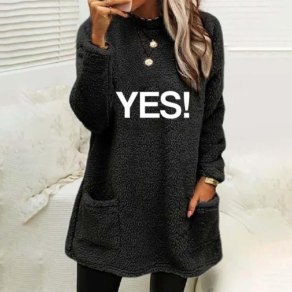Women's Letter Print Round Neck Loose Long Sleeve Pocket Plush Hoodie - Autumn/Winter Collection
