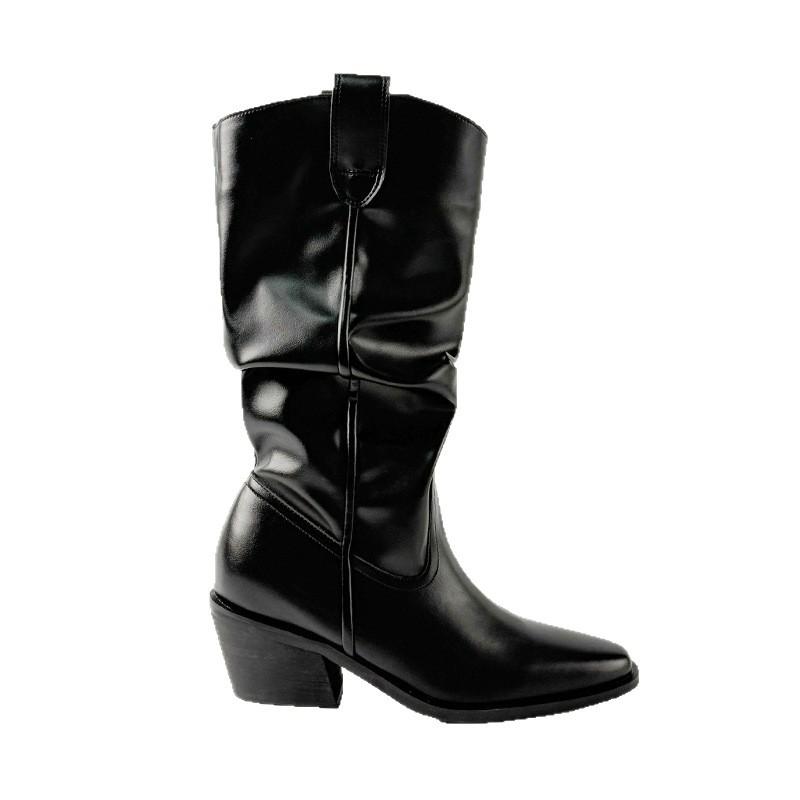 Wu Xin's Same Pointed-toed Thin Thick-soled Heightening Medium Boots 2025 Autumn and Winter Retro Versatile Thick-heeled Western Cowboy Boots