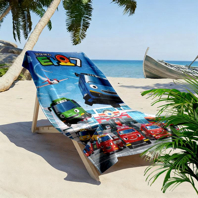Serviette de Plage Imprimée Tayo le Petit Bus, Grande Serviette Douce à Séchage Rapide pour Plage Camping Natation