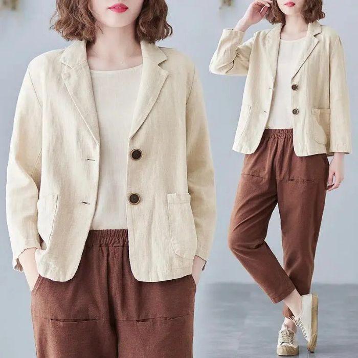 Giacca Blazer da Donna in Lino Monopetto Manica a Tre Quarti Larga Casual Oversize Risvolto Capospalla da Ufficio Cappotto Primavera Autunno