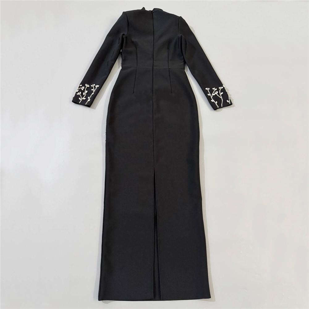 European and American Studded Bandage Long Sleeve Evening Gown - Slim Fit Socialite Party Dress