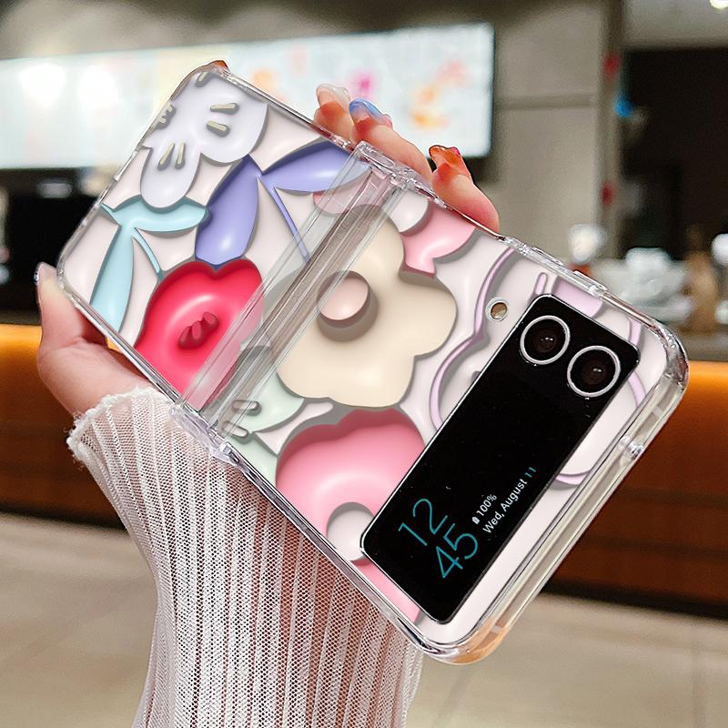 3D Relief Flower Case For Samsung Galaxy Z Flip 5 6 4 3 Capa Oil Painting Hard PC Folding Cover For Samsung Z Flip5 Flip4 Flip6