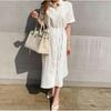 Linen Shirt Dress - Oversized Button Down Belted Waist Dress, Casual Short Sleeve Minimalist Tunic with Pocket, Breathable Summer Dress for Women