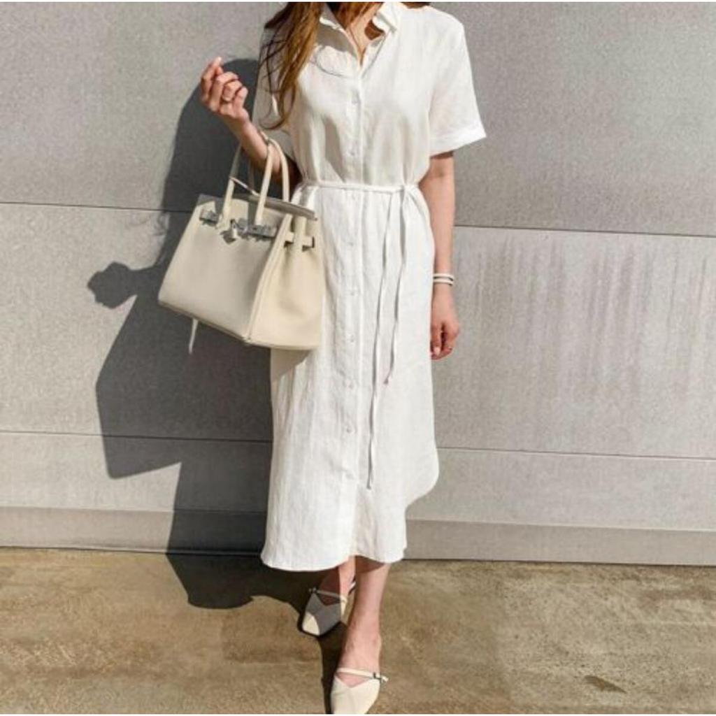 Linen Shirt Dress - Oversized Button Down Belted Waist Dress, Casual Short Sleeve Minimalist Tunic with Pocket, Breathable Summer Dress for Women