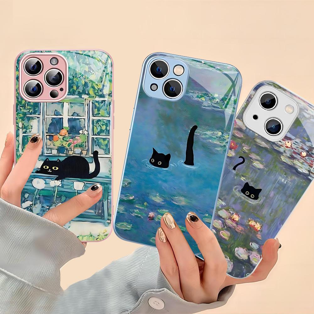 Cartoon Animal Black Cat Oil Painting Phone Case Tempered Glass For Iphone 14 13 12 11 Pro Mini XS MAX 14Plus X XS XR Fundas