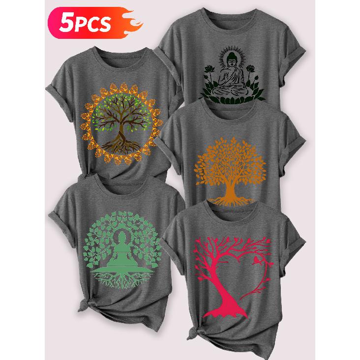 Zen-inspirierter Baum des Lebens Lotus Meditation Künstlerischer Druck Fünfteiliges Set von kurzärmeligen Damenoberteilen Elegante Sommerparty-Outfits Wesentliche Mode