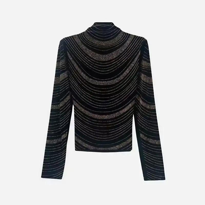 

New Hot Diamond Half-high Collar Long-sleeved Necklace Pattern Full Diamond T-shirt Women s Fashion Temperament Slimming Top L чорний