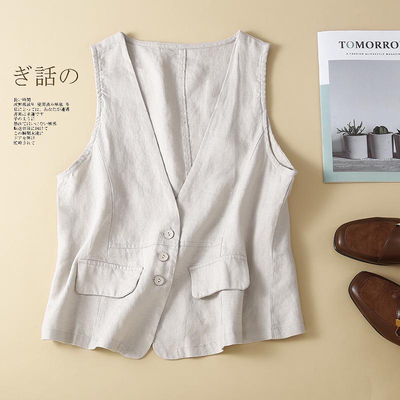 Summer V-neck Casual Sleeveless Vest Literary Retro Linen Vest Cotton and Linen Thin Outer Wear Vest Jacket Plus Size XXL белый