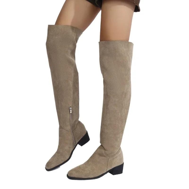 Móda 2024 Boty Plus Size Dámské Nadkolenky Dámské Kozačky Stručné Moderní Kozačky Dámské Kulatá Špička Střední Podpatek Boční Zip Dámské Boty