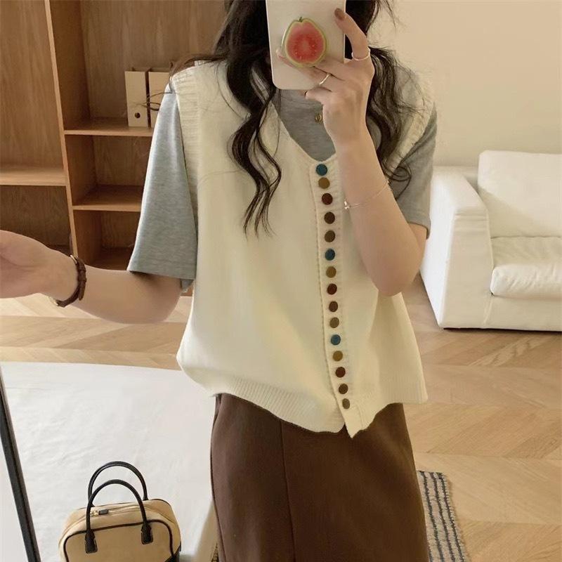 Color Button Knit Vest Women Artistic Retro Minimalist Versatile Round Neck Cardigan Waistcoat