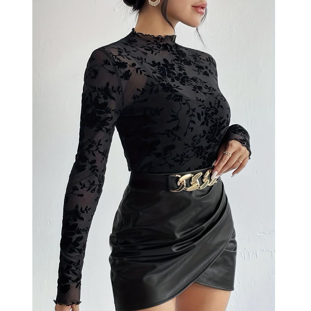 Women's Solid Color Bra Free Stand Up Collar Mesh Base Shirt Long Sleeved Top Top