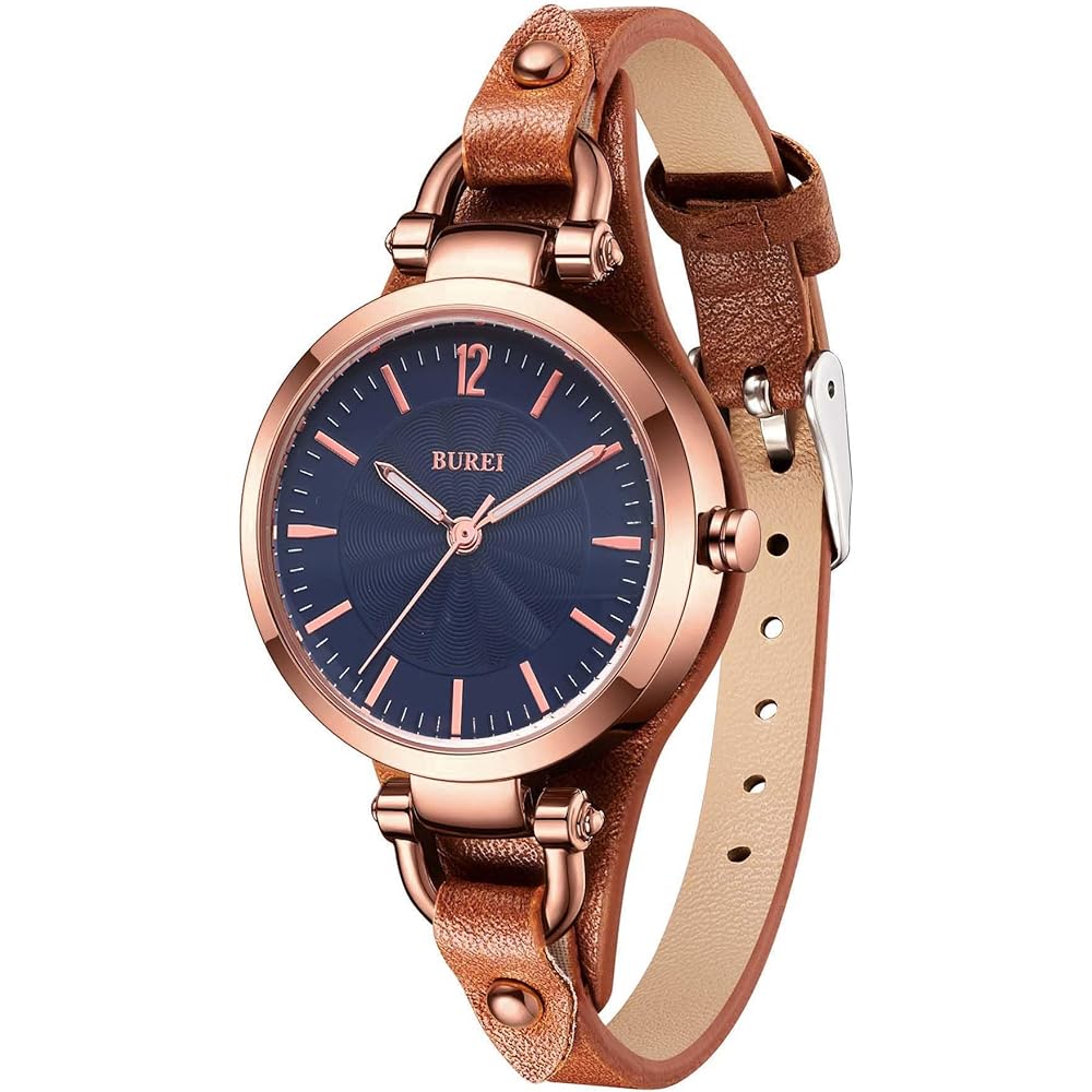 BUREI Women s Analog Quartz Watch Waterproof Leather Strap Large Dial Rose Gold Brown