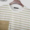 INCERUN Men Casual 3/4 Sleeve Round Neck Splits Striped Print Oversized T-Shirts Tops