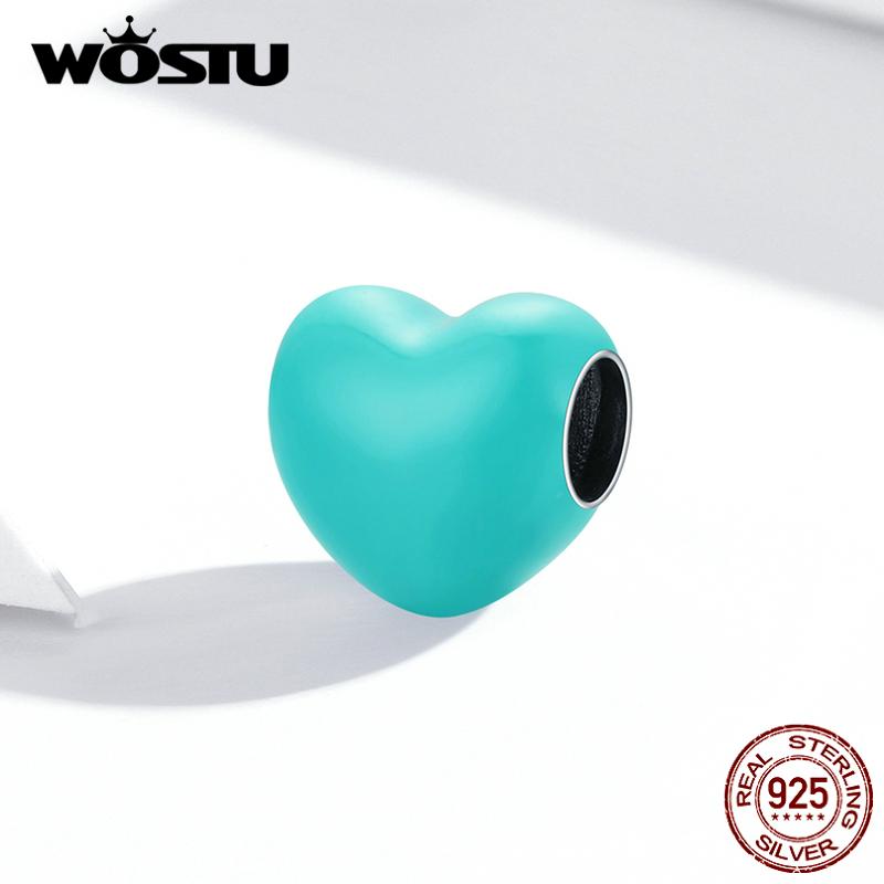 WOSTU Enamel Smooth Red , Pink and Blue Three-color Heart Shape 925 Sterling Silver Charm Beads Fit Bracelet Bangle Fine Jewelry