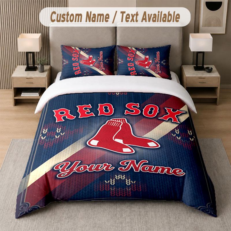 Custom Bedding Set Boston Red Sox Pattern, Print Name Text 1 Duvet Cover plus 2 Pillowcases Home Textile