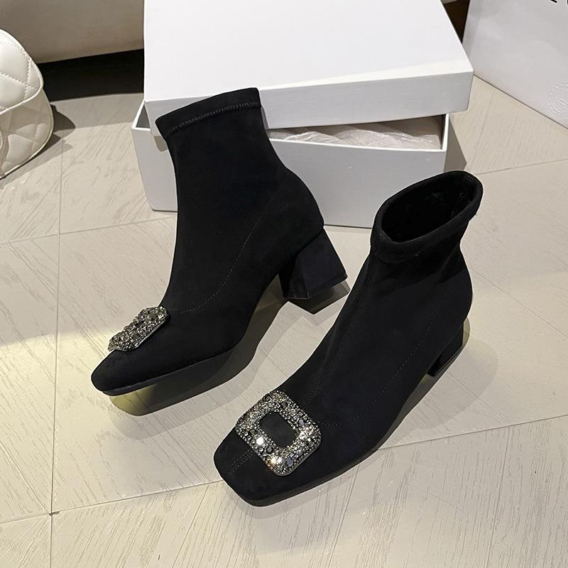 Suede Skinny Boots Coarse Heel Medium Heel Short Boots Women's Autumn and Winter Single Boots Rhinestone Square Head Internet Celebrity Elastic Flee