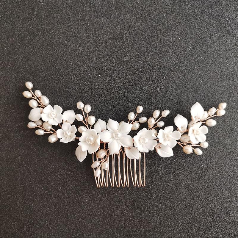 SLBRIDAL Handgefertigte Porzellanblume Blatt Süßwasserperlen Braut-Haarkamm Hochzeits-Haarband Haarschmuck Damen Schmuck