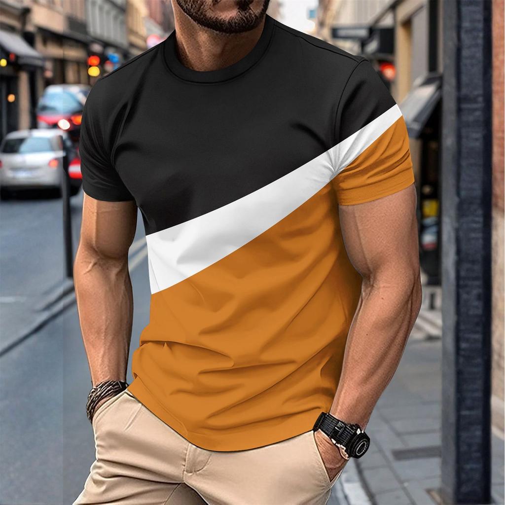Men's Summer Casual Round Neck Short Sleeve Color Matching Pullover T-shirt Top
