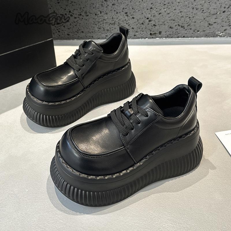 Fashion Thick-Soled Women's Shoes 2025 New Lace Up Lolita Shoes Black Beige Chunky Platform Leather Pumps Size34 39 Street Style Flats