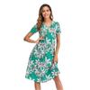 Women Summer Causal V Neck Short Sleeve Swing A Line Chiffon Print Chic Long Dress S-XL