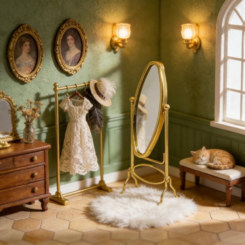 1:12 Scale Doll House Dressing Mirror Metal Floor Mirror Model Figurine For Miniature Bedroom Scene Setting Decoration