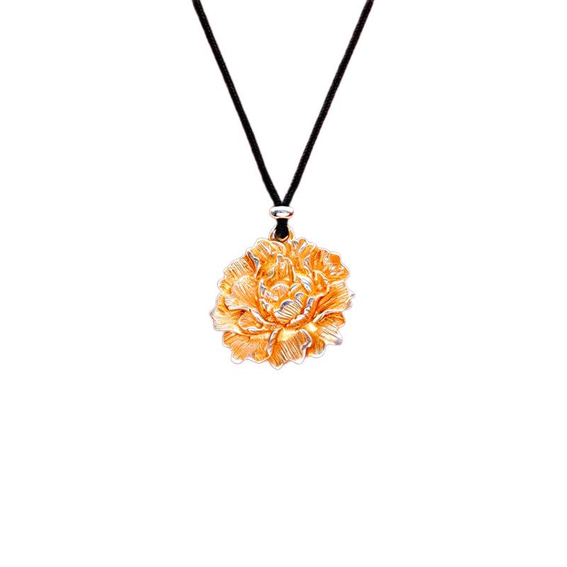 Antique Sand Gold Chinese Peony Pendant Necklace: Silver-Plated National Style Sweater Chain for Women, Symbolizing Wealth and Prosperity